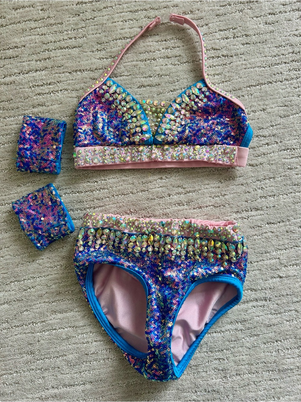 Glamour Blue & Pink Sequin Dance Set with Iridescent Gems